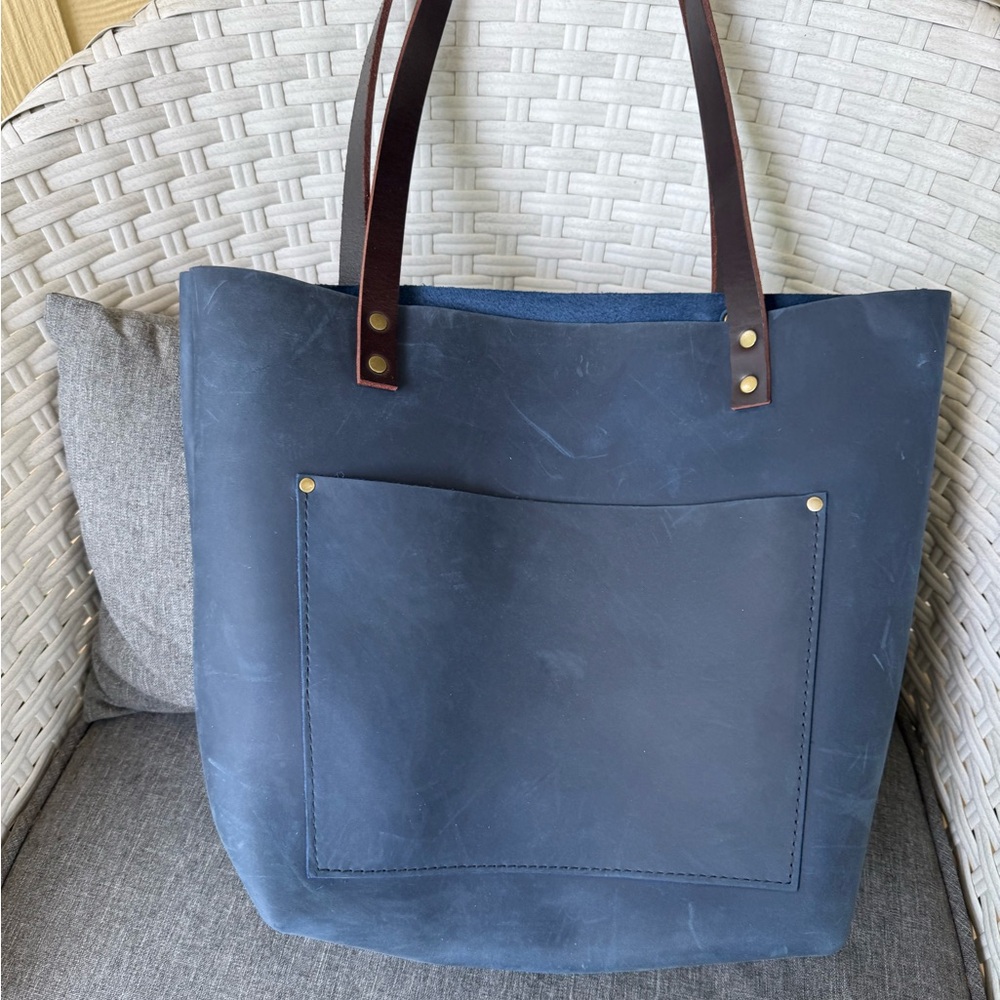 Portland Leather Navy Tote with Brown Handles - Picture 4 of 5